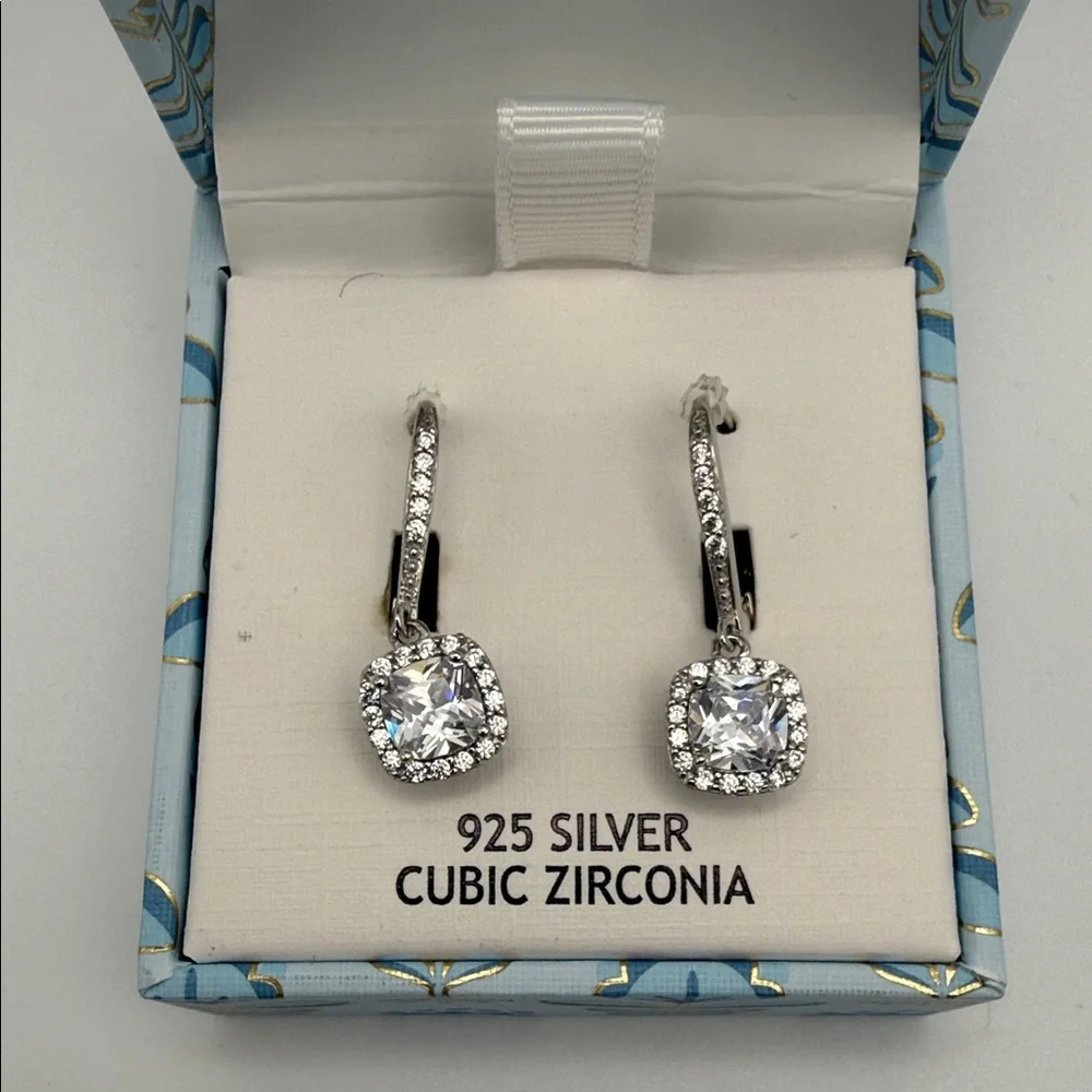 Rachel Ashwell 925 Sterling Silver Cubic Zirconia Halo Dangle Earrings Gift Box - Picture 2 of 6